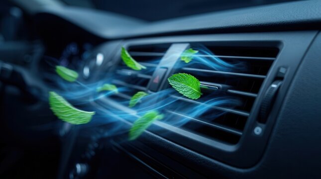 Natural air fresheners and vehicle deodorization products concept with blue stylized air and mint leaves.