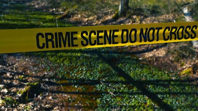 Bright yellow police tape reading crime scene do not cross marking off a restricted area in a sunlit forest, with focus pulling from the background to the foreground and back