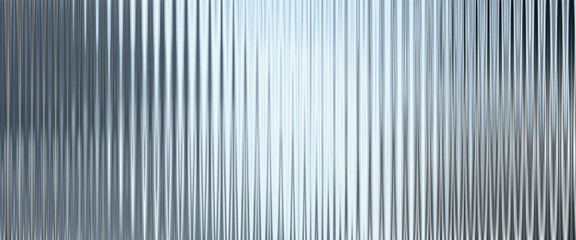 Silver acrylic ribbed glass texture background. Fluted plastic panel with soft blurred light reflections. Abstract translucent surface for modern design. © TanyaFox