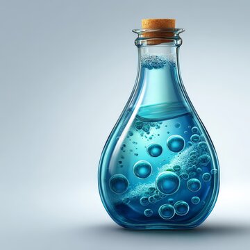 A glass bottle filled with blue liquid and bubbles.
