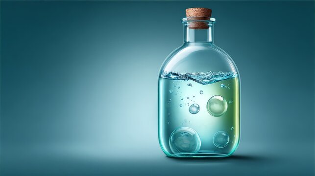 A glass bottle filled with colorful liquid and bubbles.