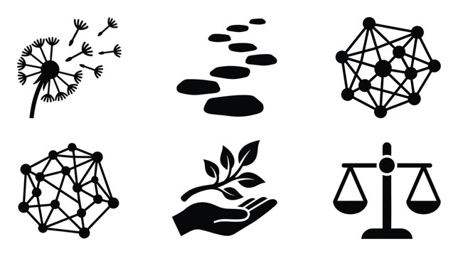 Versatile black and white icons depicting concepts of freedom, evolutionary paths, interconnected systems, nurturing development, and scales of justice useful for a wide range of graphic