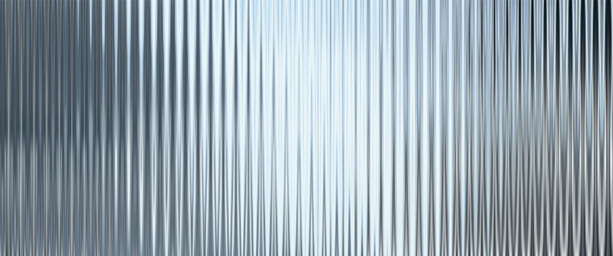 Silver acrylic ribbed glass texture background. Fluted plastic panel with soft blurred light reflections. Abstract translucent surface for modern design.