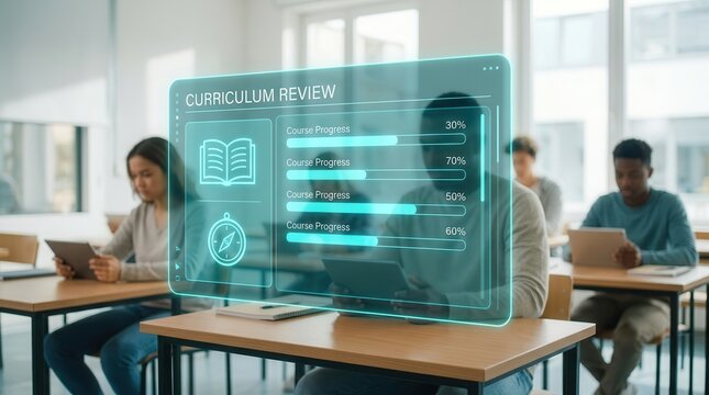 Digital curriculum review dashboard showing course progress tracking and educational icons in a classroom.