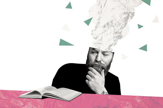 Composite trend artwork 3D sketch collage of clever young man portrait face emoji mind think brainstorming student geek read open book