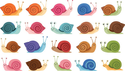 Cute snail cartoon vector set with colorful characters and smiling expressions isolated on white background illustration © Mifta
