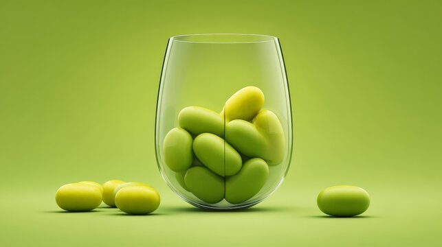 A glass filled with vibrant green candies on a bold background.
