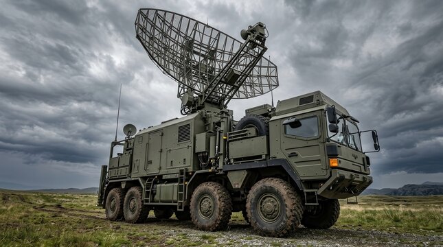 Large satellite dish and mobile radar system integrated onto a rugged military truck.