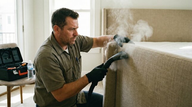 A technician uses a steam cleaner on a bed frame to eliminate pests. This professional service ensures a clean and bug free home environment. Ideal for pest control business advertising.