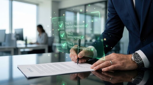 Quality checklist and business contract signing with digital green check marks.