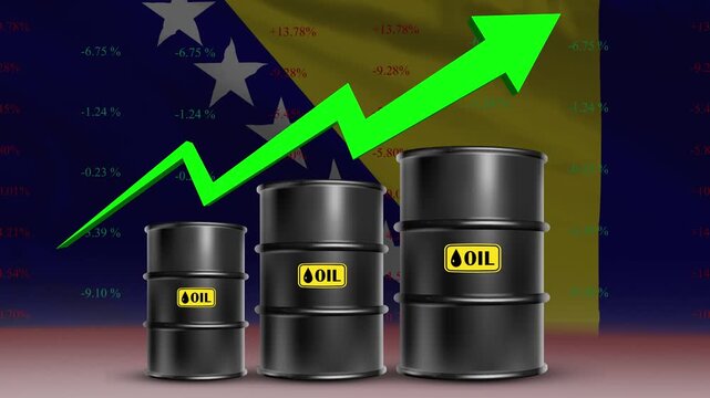 Oil Barrel Price Trend: An eye-catching image illustrating the escalating costs of oil, featuring three barrels against the backdrop of a vibrant upward-trending graph.