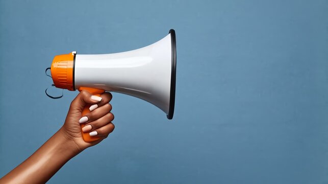 Hand holding a white megaphone with orange accents against a blue background, emphasizing communication and announcement in a clear visual context