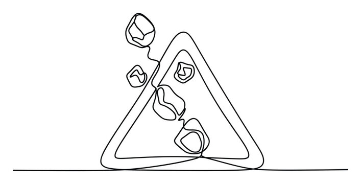 Fluid continuous line artwork representing a rockfall road sign, ideal for expressing caution, danger, or geological hazard warnings in print, web, and educational materials.