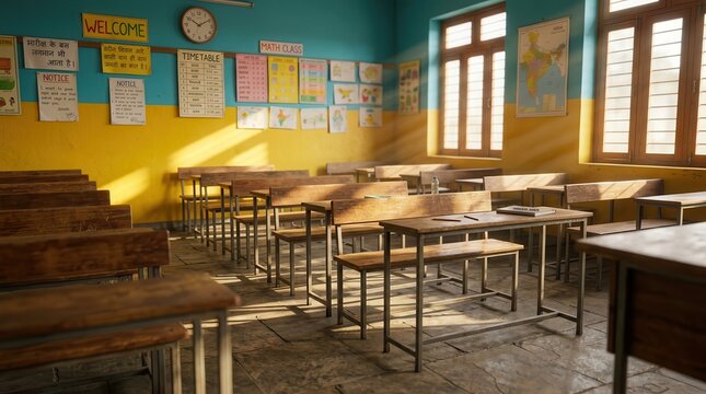Rows of empty wooden desks in a bright primary school classroom in India.
