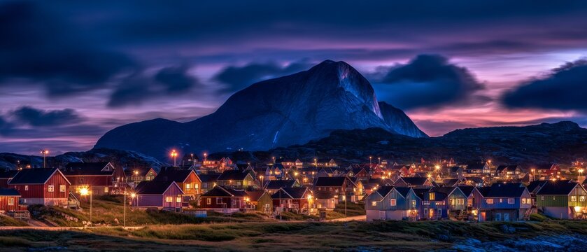 Sunset bliss: serene mountain views and colorful homes in nuuk. Machine intelligence. Nuuk's colorful sunset: houses and mountains in harmony. Machine persona. Posthuman mind.