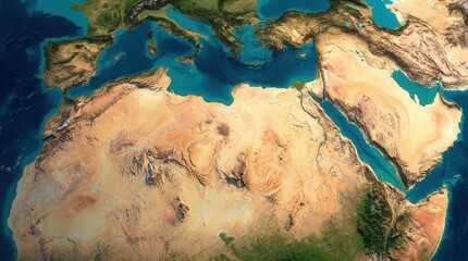 Naklejka premium Geopolitical strategy concept featuring a detailed 3D map of the Mediterranean, Red Sea, and North Africa.
