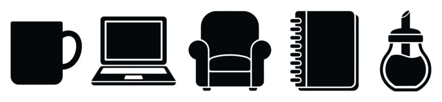 Collection of essential daily objects including a coffee mug, modern laptop, comfortable armchair, spiral notebook, and a classic sugar dispenser, perfect for lifestyle, home, or workspace