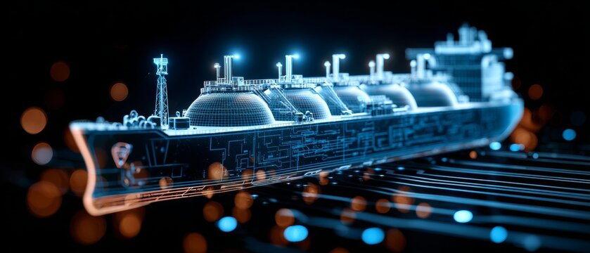 The future of ocean freight: eco-friendly gas carrier excellence. Human robot. Bird's eye view of a modern liquefied gas carrier with eco concerns. Cyber technology. Data intelligence.