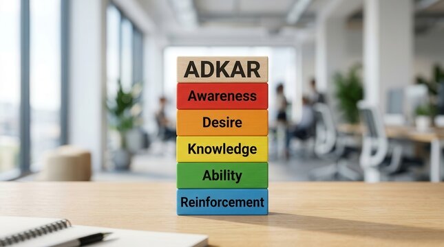 A stack of colorful wooden blocks showing the ADKAR stages of the change management process.