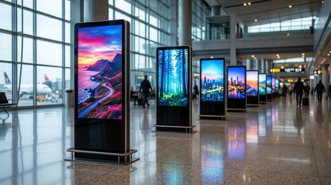 Modern airport terminal featuring digital signage displays and advertising screens for marketing.