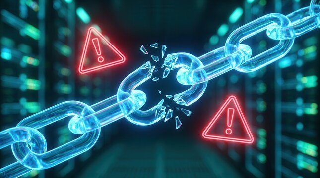 Concept of cybersecurity vulnerability featuring a broken glowing chain and warning icons.