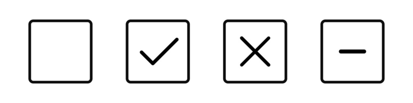 Checkbox state icon set with checked, unchecked, cancel and indeterminate options. Selection and form control line icons for UI status, web forms, app interface and user input