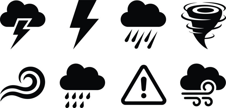 Weather icons set storms lightning tornadoes and warning signs