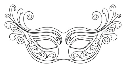 Fototapeta premium Elegant black and white masquerade mask drawing with flowing curvilinear motifs, suitable for masquerade balls, theater playbills, or fantasy themed merchandise.