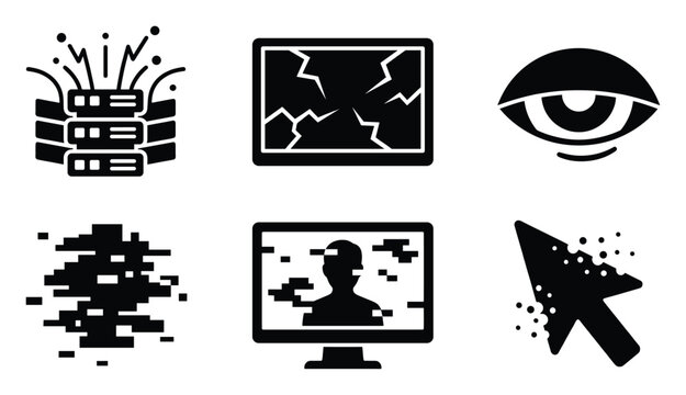 Technology and cybersecurity icon collection depicting data server processing, broken display, digital surveillance, pixelated glitch, and interactive cursor for modern tech and data