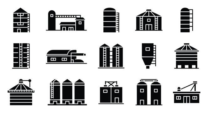 Collection of diverse industrial and agricultural silo icons depicting various storage and processing facilities for modern farm and factory applications