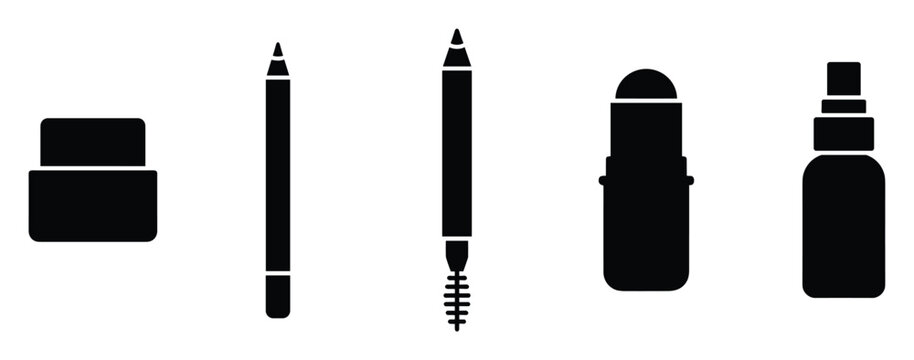 Essential collection of cosmetic product icons including a cream jar makeup pencils lip product and a spray bottle for beauty branding and web applications