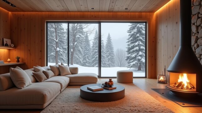 Interior de caba&ntilde;a de invierno con chimenea crepitante y c&aacute;lidas paredes de madera de cedro