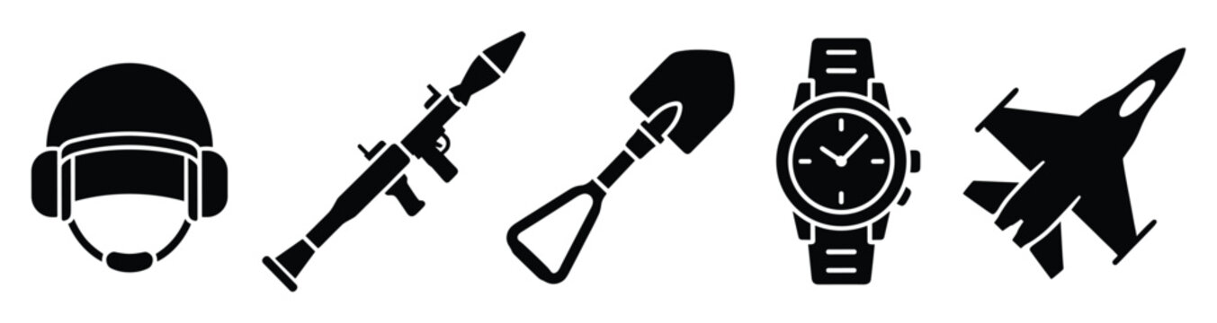 Collection of military equipment and defense industry icons featuring a combat helmet, rocket launcher, entrenching shovel, robust wristwatch, and fighter jet silhouette for securityrelated