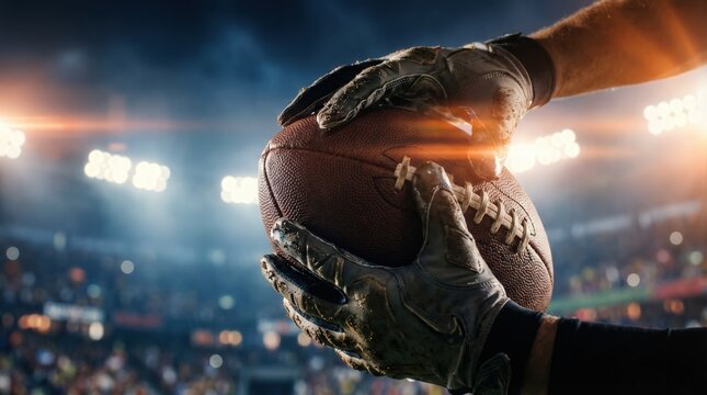 Professional American football player holding leather ball tightly during night game. Competitive sports, team motivation and athletic achievement concept.
