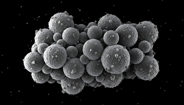 A high magnification scanning electron microscope image reveals a clustered arrangement of metal particles against a stark dark backdrop surface. Scientific Imaging & Materials Analysis