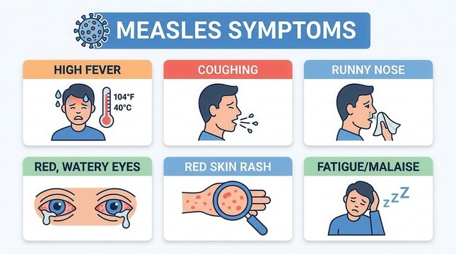 Infographic showing measles infection signs like fever, rash, cough, and red eyes for prevention.