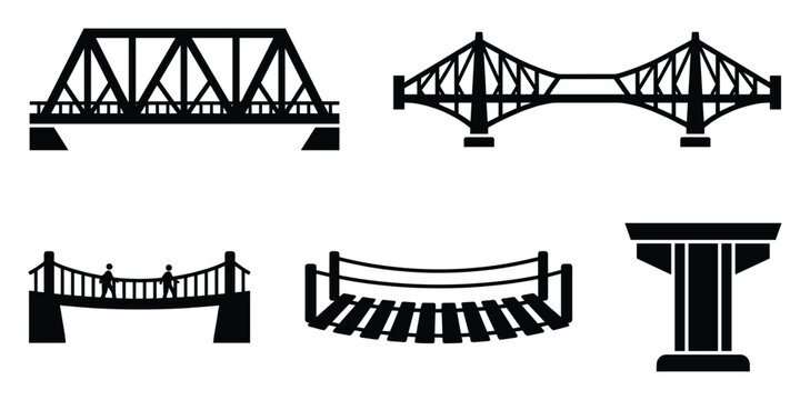 Collection of diverse bridge types presented as black silhouettes offering versatile graphical resources for architectural, construction, and transportation themed applications.