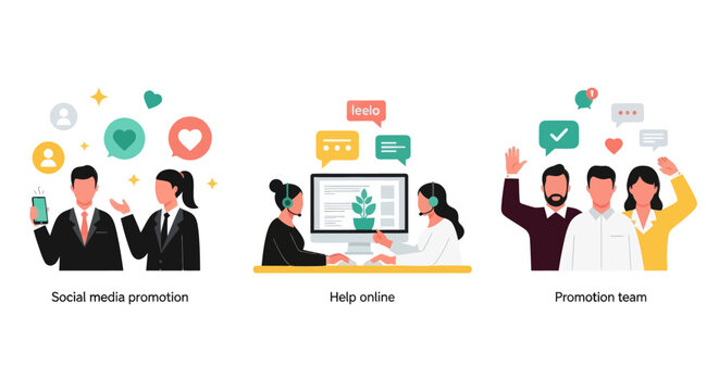 Three modern vector illustrations showing social media marketing, online customer support, and a diverse promotion team working together.