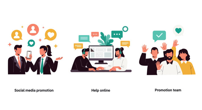 Three modern vector illustrations showing social media marketing, online customer support, and a diverse promotion team working together.