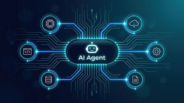 Conceptual AI Agent diagram showing connections to data, cloud, and programming code icons.