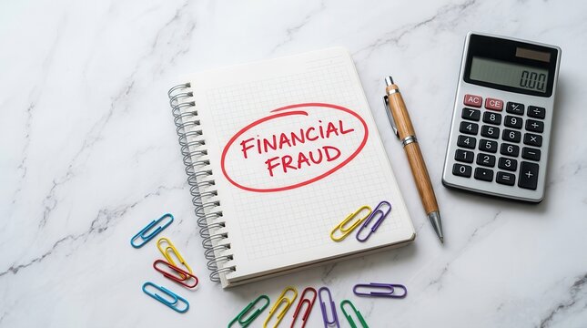 Financial fraud text circled in red on a notepad with a calculator and pen.