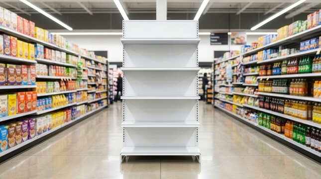 A white supermarket gondola shelving display unit in a retail store for product placement mockup.