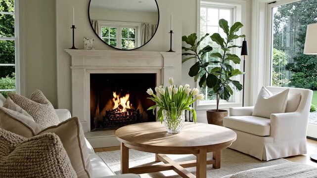 Cozy living room with fireplace and plants for commercial advertising, marketing campaigns, and creative projects