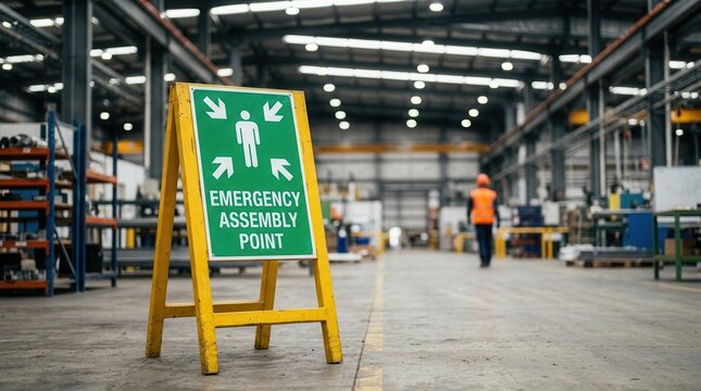 Green emergency assembly point sign for factory safety and evacuation protocol.