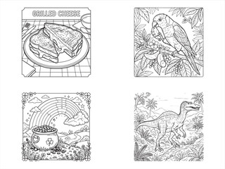 Obraz premium Coloring book pages, kids dinosaur illustrations, parrot, cookies and coffee, black and white