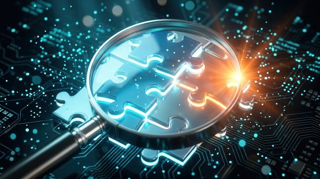 Business analytics research and strategic problem solving with a magnifying glass over blue puzzle pieces.