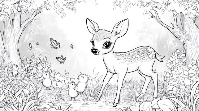 Cute fawn in a forest clearing with baby birds.  Gentle woodland scene