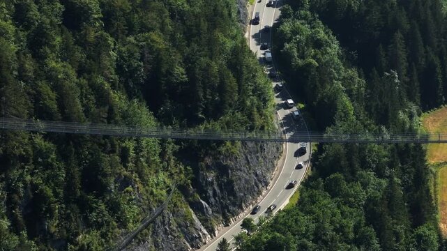 Aerial view of the Highline 179 bridge in Austria. Suspension bridge in the Alpine mountains, tourist attraction of traveling in Europe.