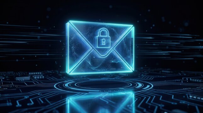 Cyber security protection concept featuring an encrypted email and padlock.