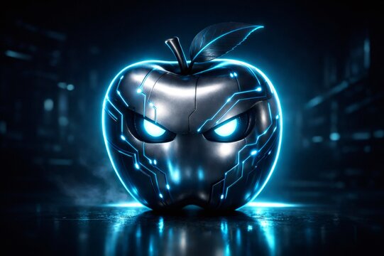 Metallic apple head with detailed circuit patterns and glowing blue eyes symbolizing artificial intelligence, data security, and emerging technologies in a dark, atmospheric setting